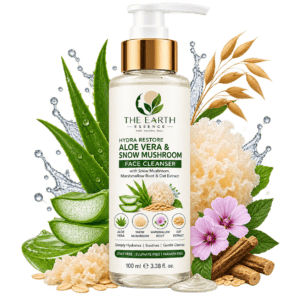 The Earth Essence Hydra Restore Aloe Vera & Snow Mushroom Face Cleanser 100 ml with Aloe Vera, Snow Mushroom, Marshmallow Root and Oat Extract for dry and sensitive skin.