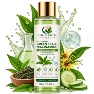 The Earth Essence Oil Control Green Tea & Niacinamide Balancing Toner 100 ml with Green Tea, Niacinamide and Witch Hazel for oily and acne-prone skin.
