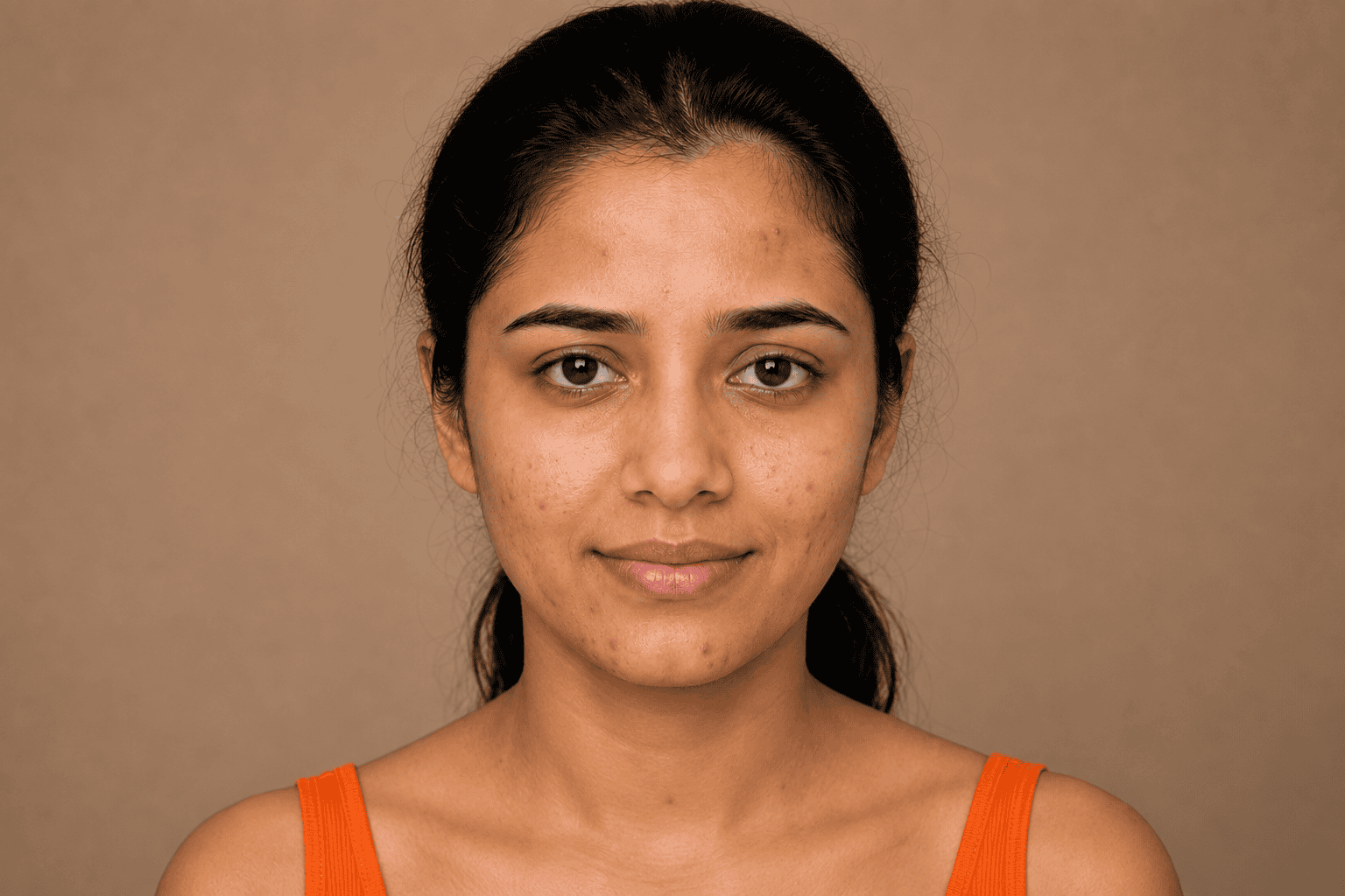 Woman with acne, pimples, fine lines, and uneven skin before using organic skincare products