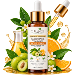 The Earth Essence Dark Spot Reduction Kakadu Plum Vitamin C Radiance Serum 30 ml with Kakadu plum, vitamin C, citrus, and botanical extracts on a transparent background.