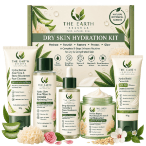 The Earth Essence Dry Skin Hydration Kit with hydrating cleanser, Rose Water and Tremella toner, Tremella and Snow Mushroom serum, barrier repair moisturizer, and SPF 50 PA++++ sunscreen, 5 × 50 g.