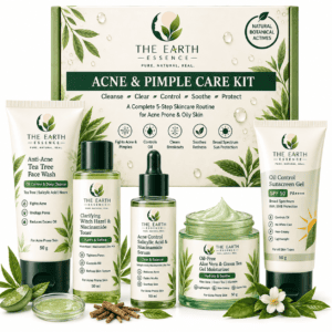 The Earth Essence Acne & Pimple Care Kit with Tea Tree face wash, Niacinamide toner, Salicylic Acid and Niacinamide serum, Aloe Vera and Green Tea moisturizer, and SPF 50 sunscreen, 5 × 50 g.