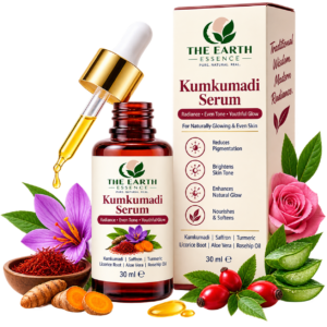 The Earth Essence Kumkumadi Serum 30 ml with saffron, turmeric, licorice root, aloe vera and rosehip oil for radiant, even-looking skin.