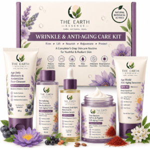 The Earth Essence Wrinkle & Anti-Aging Care Kit with Blueberry face cleanser, Blue Lotus & Sea Buckthorn toner, Bakuchiol & Squalane serum, Saffron & Peptide anti-aging cream, and SPF 50 PA++++ sunscreen, 5 × 50 g