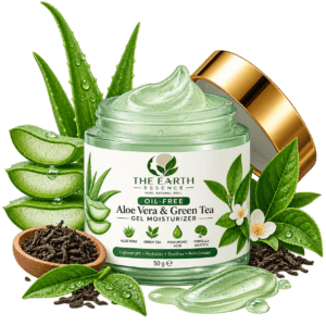 The Earth Essence Oil-Free Aloe Vera & Green Tea Gel Moisturizer 50 g with aloe vera, green tea, hyaluronic acid and Centella asiatica.