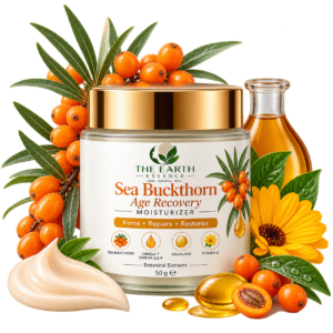 The Earth Essence Sea Buckthorn Age Recovery Moisturizer 50 g with sea buckthorn, omega fatty acids, squalane, vitamin E and botanical extracts.