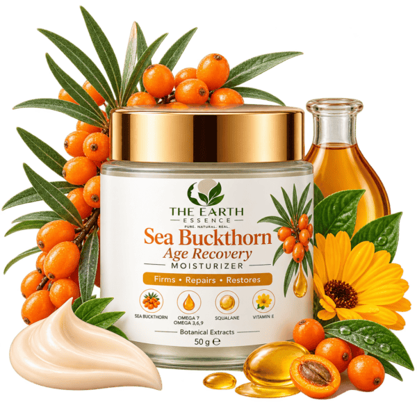 The Earth Essence Sea Buckthorn Age Recovery Moisturizer 50 g with sea buckthorn, omega fatty acids, squalane, vitamin E and botanical extracts.