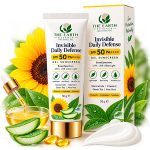 The Earth Essence Invisible Daily Defense SPF 50 PA++++ Gel Sunscreen 50 g with aloe vera, green tea, niacinamide and vitamin E.