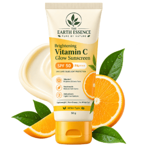 The Earth Essence Brightening Vitamin C Glow Sunscreen SPF 50 PA++++ 50 g – organic skincare product with Vitamin C, Niacinamide and antioxidant protection.