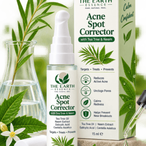 The Earth Essence Acne Spot Corrector with Tea Tree and Neem 15 ml featuring tea tree oil, neem extract, salicylic acid and Centella asiatica.