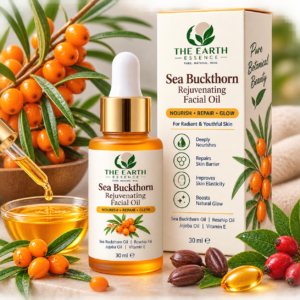 The Earth Essence Sea Buckthorn Rejuvenating Facial Oil 30 ml with sea buckthorn oil, rosehip oil, jojoba oil and vitamin E.